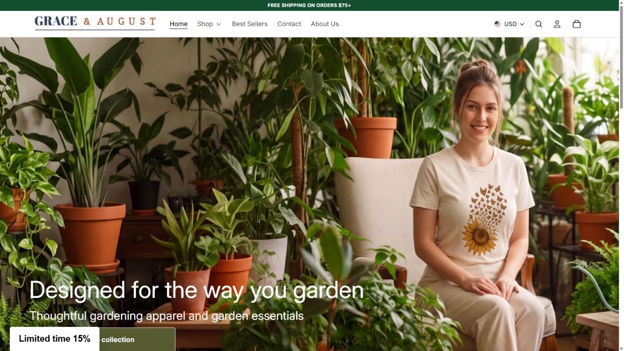 Grace and August storefront homepage showing gardening apparel and garden essentials