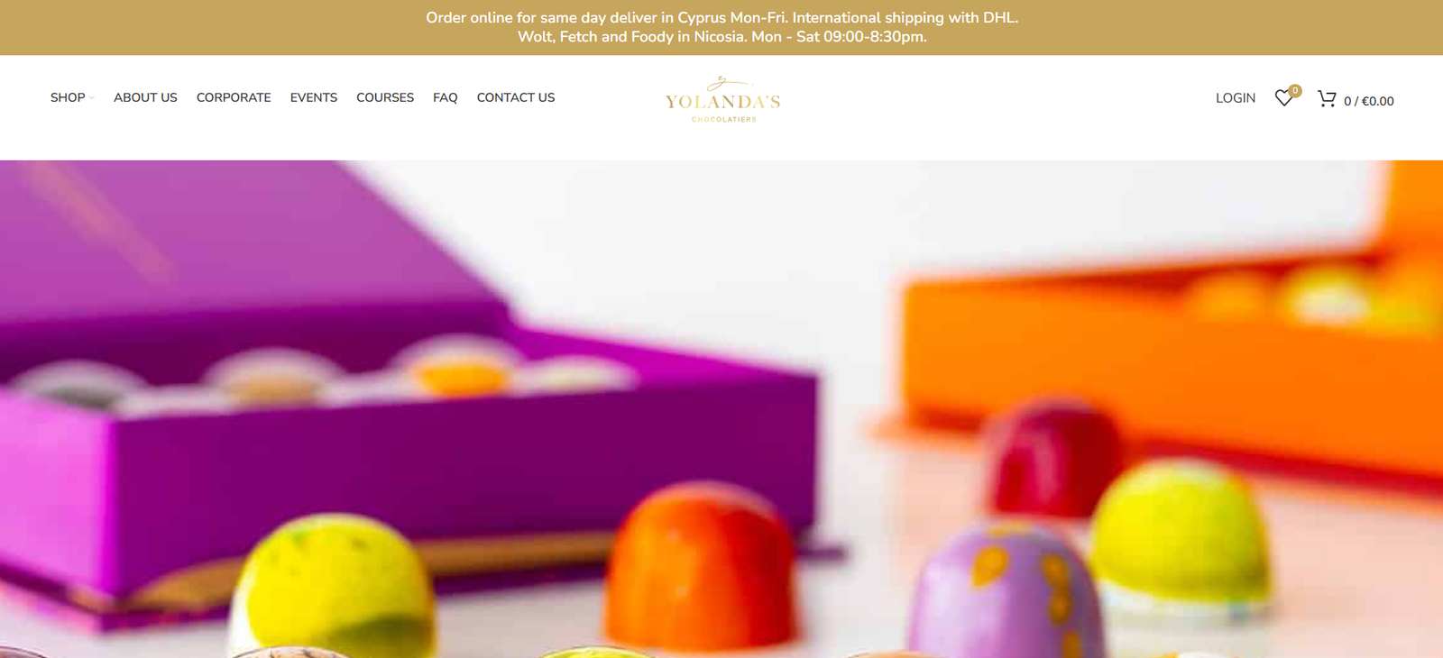Archived Yolanda’s Chocolatiers homepage with chocolate products and brand identity
