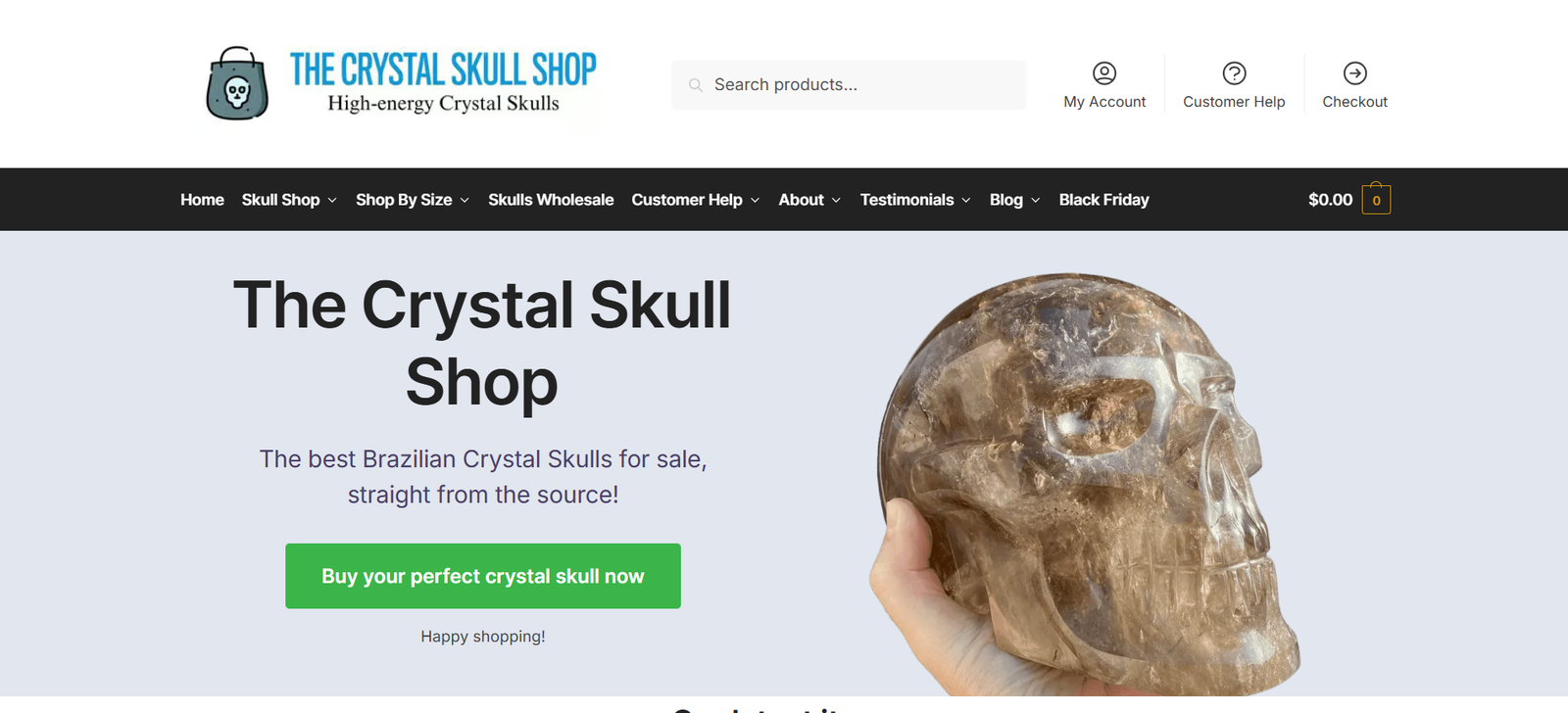 Archived Crystal Skull Shop homepage showing crystal skull products and shopping categories