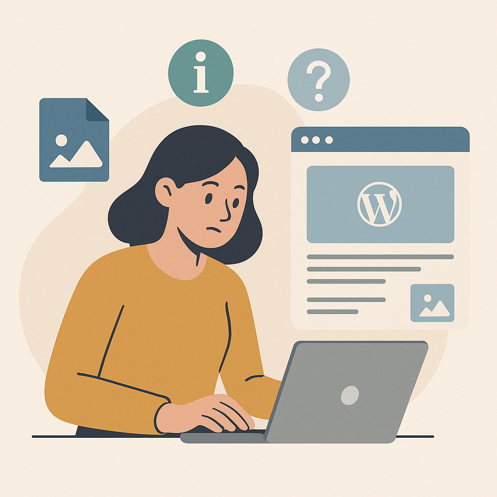 Illustration of a woman working on a laptop with WordPress interface and image icons, representing the question: what is the recommended file size and resolution for images used in WordPress posts and pages?