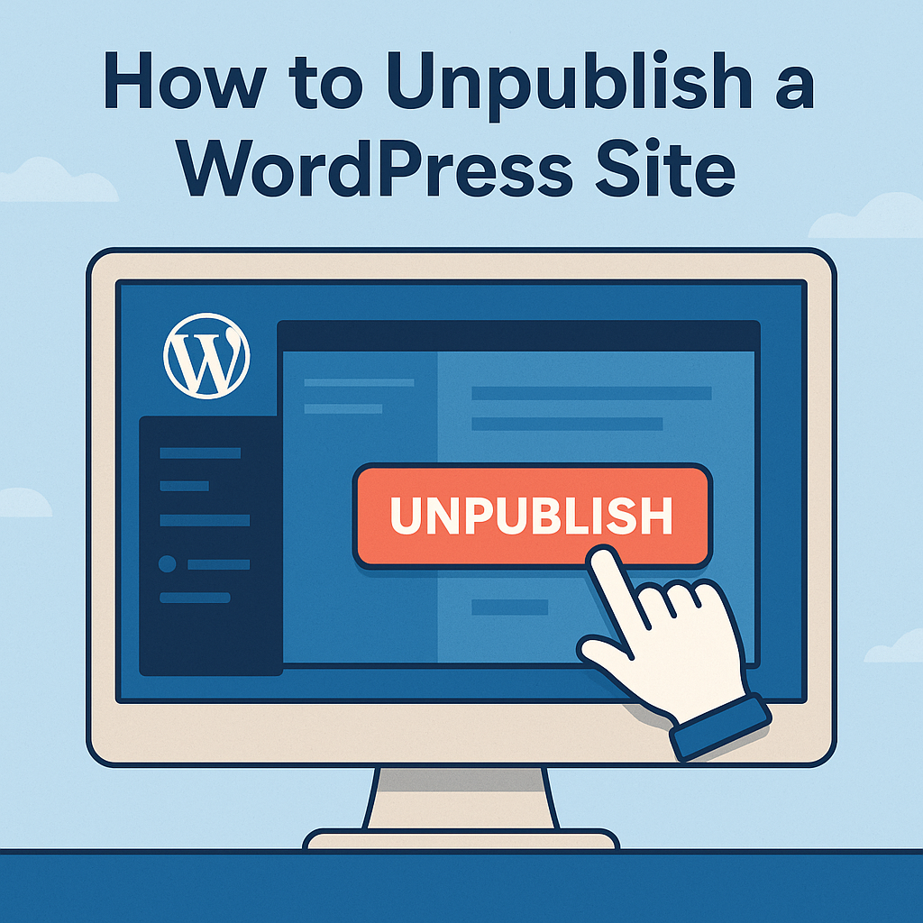 Illustration of a WordPress admin dashboard on a computer screen with a large orange "Unpublish" button being clicked, representing how to unpublish a WordPress site.